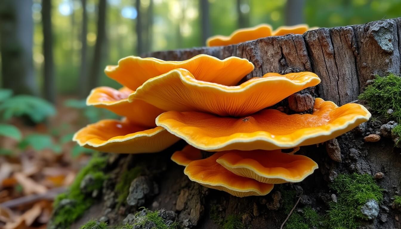 champignon orange sur bois