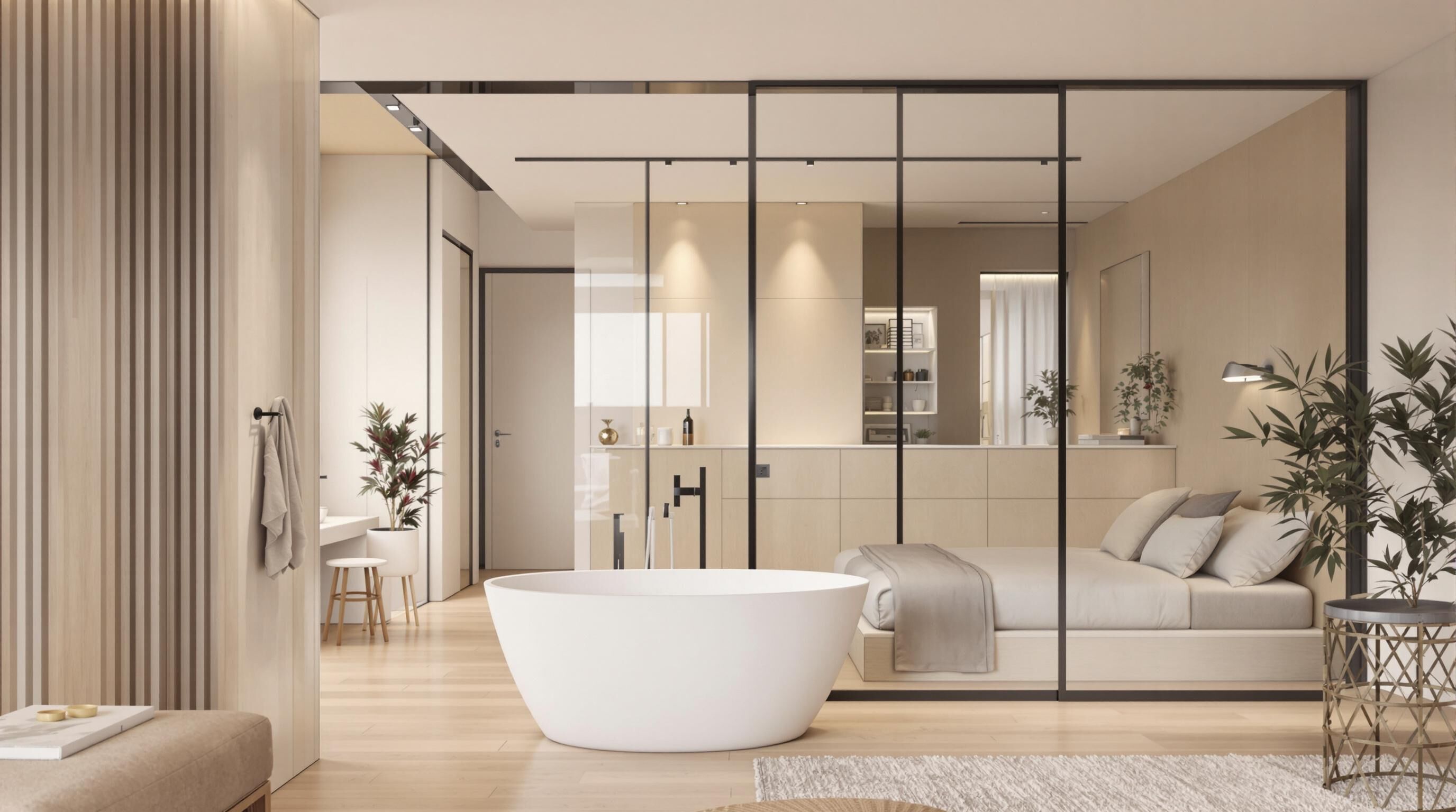 petite salle de bain ouverte sur chambre